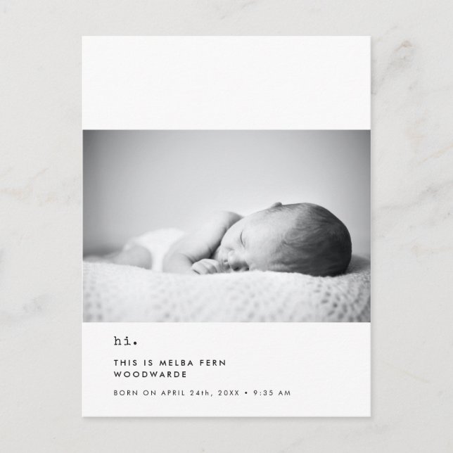 Minimalistische Schreibmaschine Hi new baby Foto Postkarte (Vorderseite)