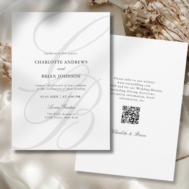 Minimalistische Schrift Monogramm QR-Code Hochzeit Einladung (Minimalist Script Font Monogram QR Code Wedding Invitation)