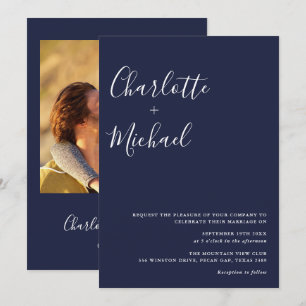Minimalistische Schrift Navy Blau Foto-Hochzeit Einladung