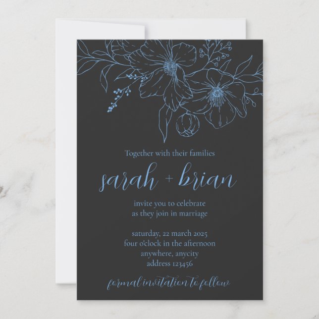 Minimalistische Schwarz-Blau-Hochzeitskarte Einladung (Vorderseite)