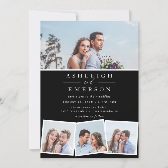 Minimalistische Schwarz-Foto-Collage Hochzeit Einladung (Vorderseite)