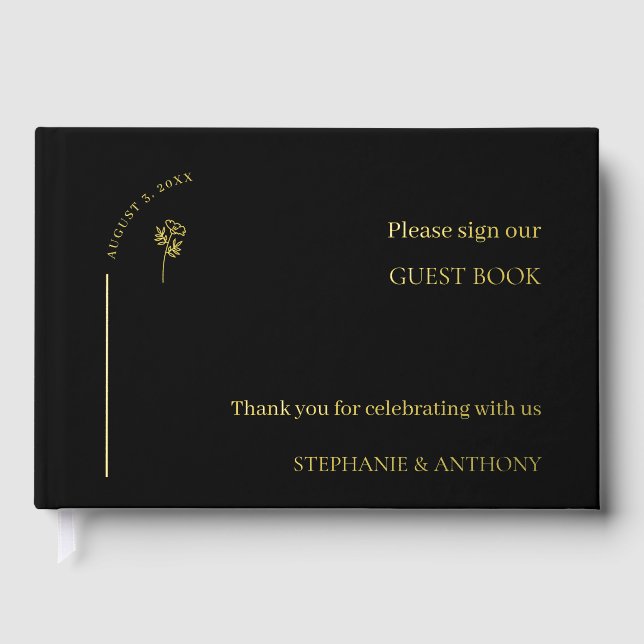 Minimalistische Schwarz-Gold-Arch-Wildblume Gästebuch (Vorderseite)