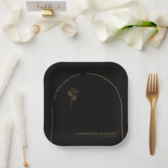 Minimalistische Schwarz-Gold-Arch-Wildblume Pappteller (Hochzeit)