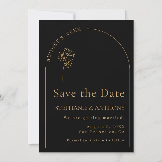 Minimalistische Schwarz-Gold-Arch-Wildblume Save The Date (Vorderseite)