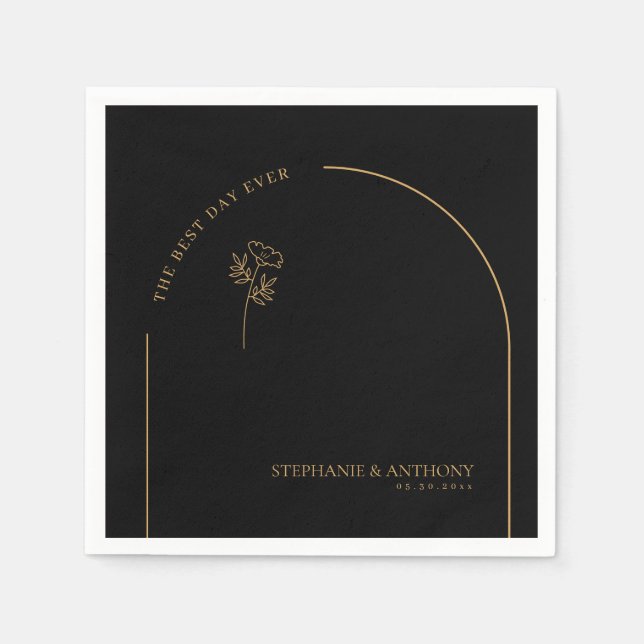 Minimalistische Schwarz-Gold-Arch-Wildblume Serviette (Vorderseite)