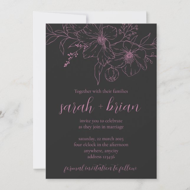 Minimalistische Schwarz-Rosa-Hochzeitskarte Einladung (Vorderseite)