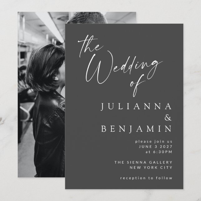 Minimalistische Schwarz-Script-Foto-Hochzeit Einladung (Vorne/Hinten)