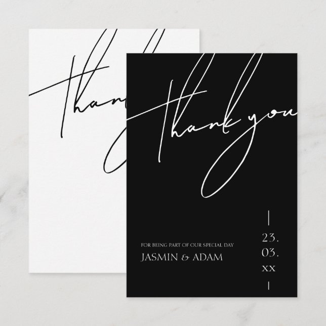 Minimalistische Schwarz-Script-Hochzeit Dankeskarte (Vorne/Hinten)