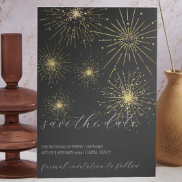Minimalistische Schwarz- und GoldFireworks Save th Einladung