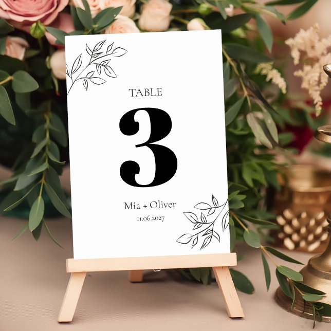 Minimalistische Schwarz-Weiß-Botanische Hochzeit Tischnummer (Von Creator hochgeladen)
