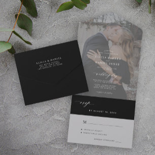 Minimalistische Schwarz-Weiß-Dunkel-Foto-Hochzeit All In One Einladung