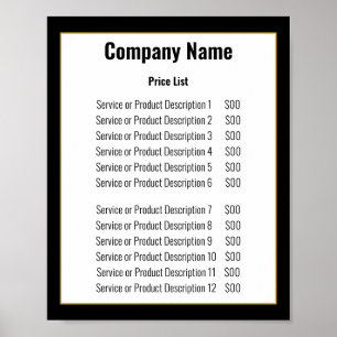 Minimalistische Schwarz‑Weiß‑Gold‑Vorlage Preislis Poster