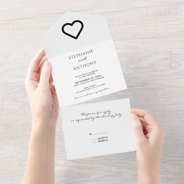 Minimalistische Schwarz-Weiß-Herzenshochzeit All In One Einladung (Abreißen)