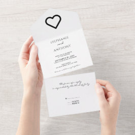 Minimalistische Schwarz-Weiß-Herzenshochzeit All In One Einladung