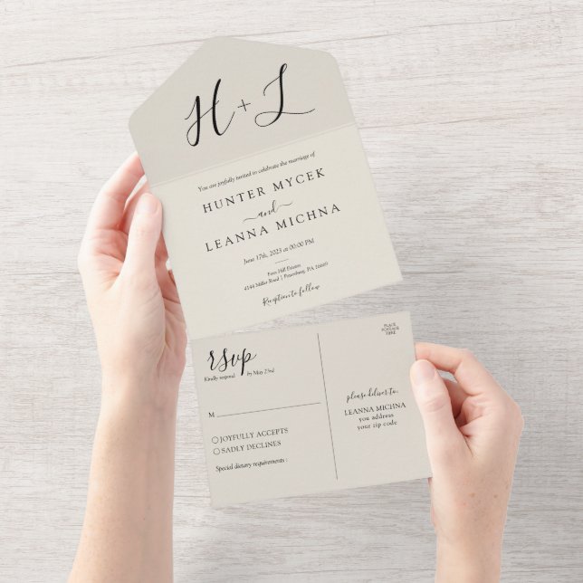Minimalistische Schwarz-Weiß-Hochzeit All In One Einladung (Abreißen)