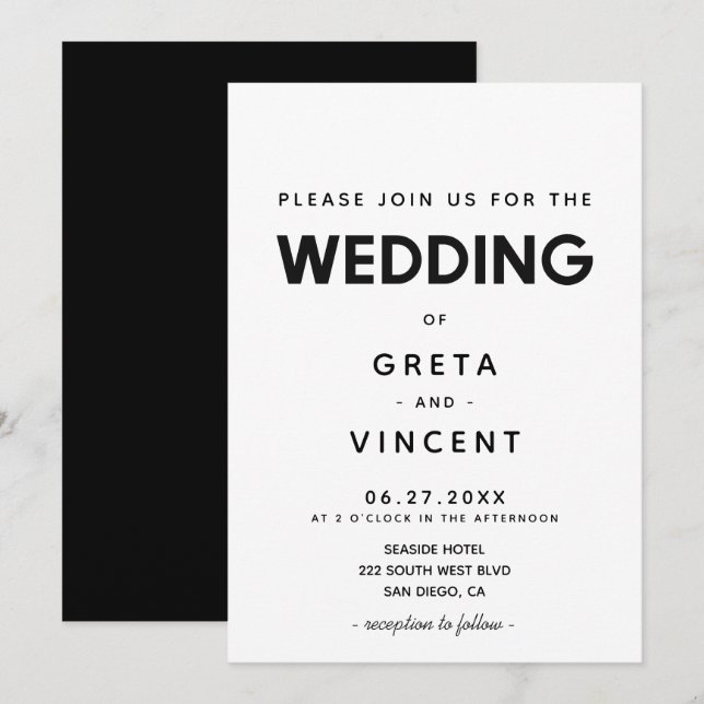 Minimalistische Schwarz-Weiß-Hochzeit Einladung (Vorne/Hinten)
