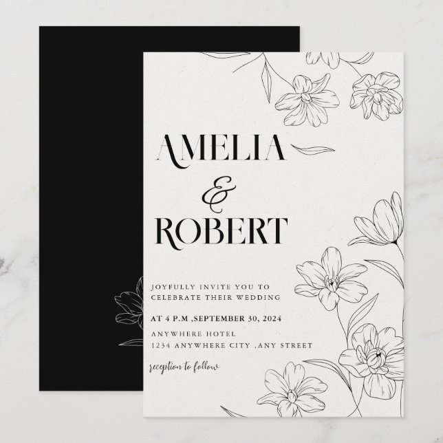 Minimalistische Schwarz-Weiß-Hochzeit Einladung (Vorne/Hinten)