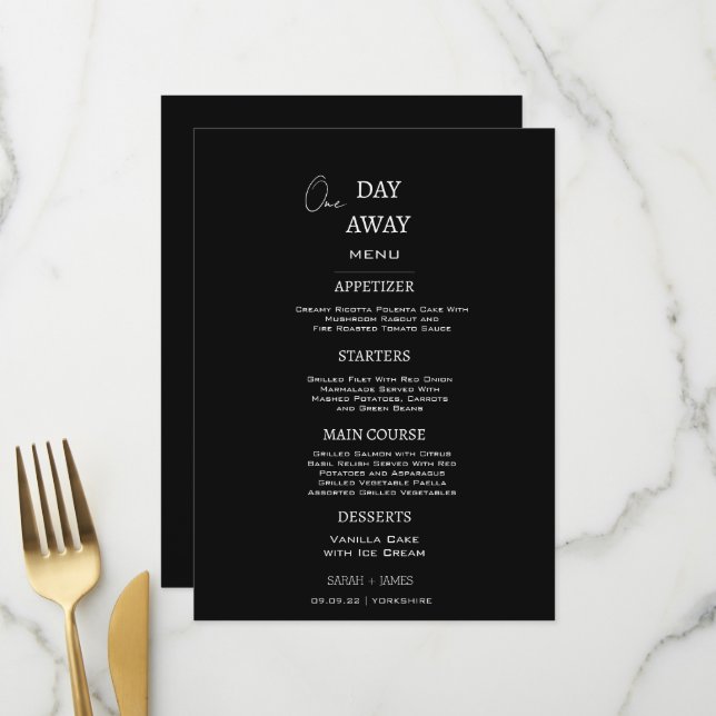 Minimalistische Schwarz/Weiß-Hochzeit Menükarte (Vorderseite/Rückseite Beispiel)