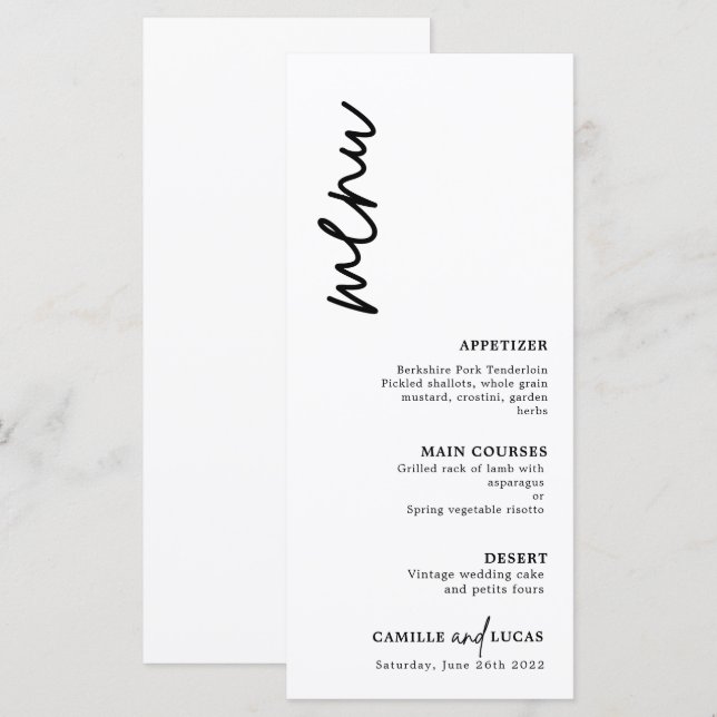 Minimalistische Schwarz-Weiß-Hochzeit Menükarte (Vorne/Hinten)