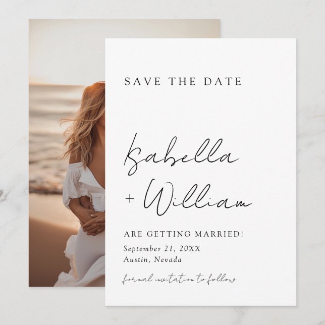 Minimalistische Schwarz-Weiß-Hochzeit speichert da Einladung (Vorne/Hinten)