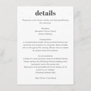Minimalistische Schwarz-Weiß-Hochzeitsdetails-Typo Begleitkarte