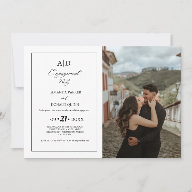Minimalistische Schwarz-Weiß-Monogram-Engagement-P Einladung (Vorderseite)