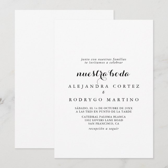 Minimalistische Schwarz-Weiß-Nuestra-Boda-Hochzeit Einladung (Vorne/Hinten)
