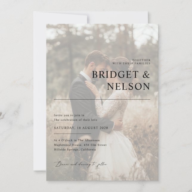 Minimalistische Schwarz-Weiß-Overlay-Foto-Hochzeit Einladung (Vorderseite)