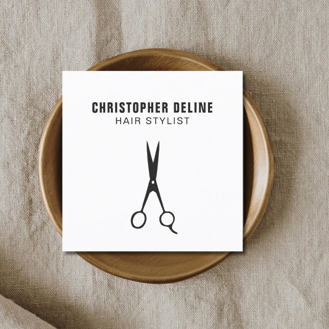 Minimalistische Schwarz-Weiß-Scheren-Haarstylle Quadratische Visitenkarte (Von Creator hochgeladen)