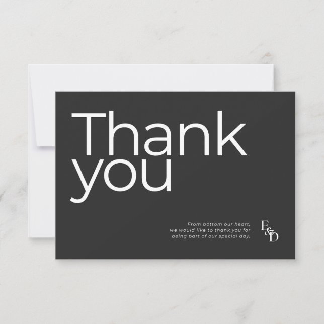 Minimalistische Schwarz-Weiß-Typografie-Hochzeit Dankeskarte (Vorderseite)