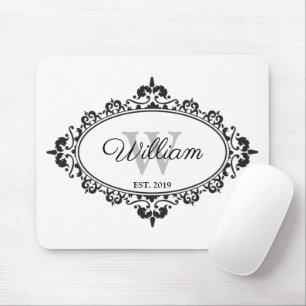 Minimalistische Schwarz-Weiß-Vintage Damask Monogr Mousepad