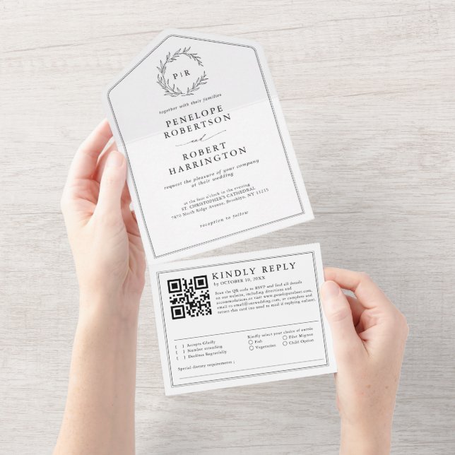 Minimalistische Schwarz-Weiß-Zeitschrift QR All In One Einladung (Abreißen)