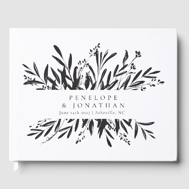 Minimalistische Schwarz-weiße botanische Hochzeit Gästebuch (Vorderseite)