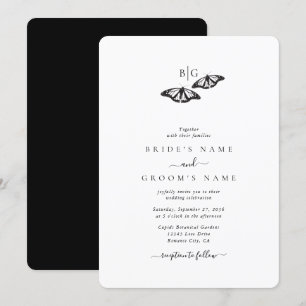 Minimalistische Schwarz-weiße Butterfly-Monogrammh Einladung