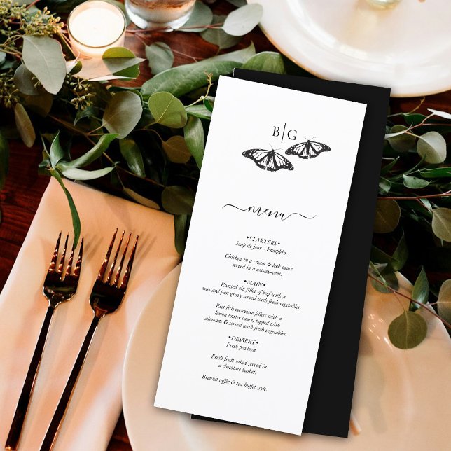 Minimalistische Schwarz-weiße Butterfly-Monogrammh Menükarte (Minimalist Black White Butterfly Monogram Wedding Menu)