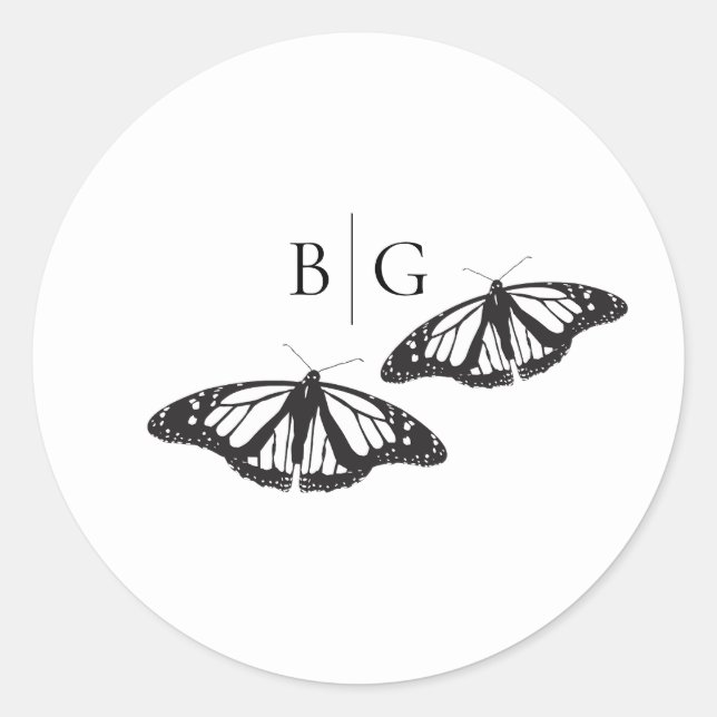 Minimalistische Schwarz-weiße Butterfly-Monogrammh Runder Aufkleber (Vorderseite)