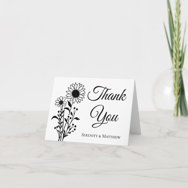 Minimalistische Schwarz-weiße Hochzeit der Blumen Dankeskarte (Vorderseite)