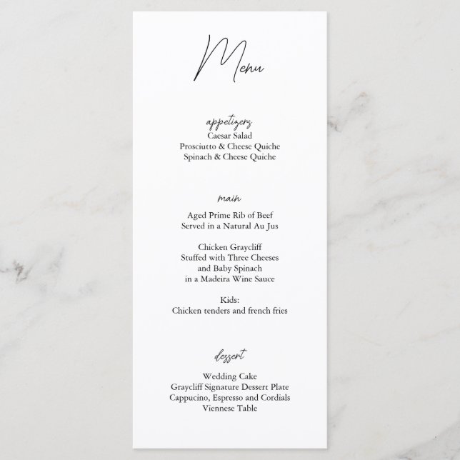 Minimalistische Schwarz-weiße Hochzeitkarte Menükarte (Vorderseite)