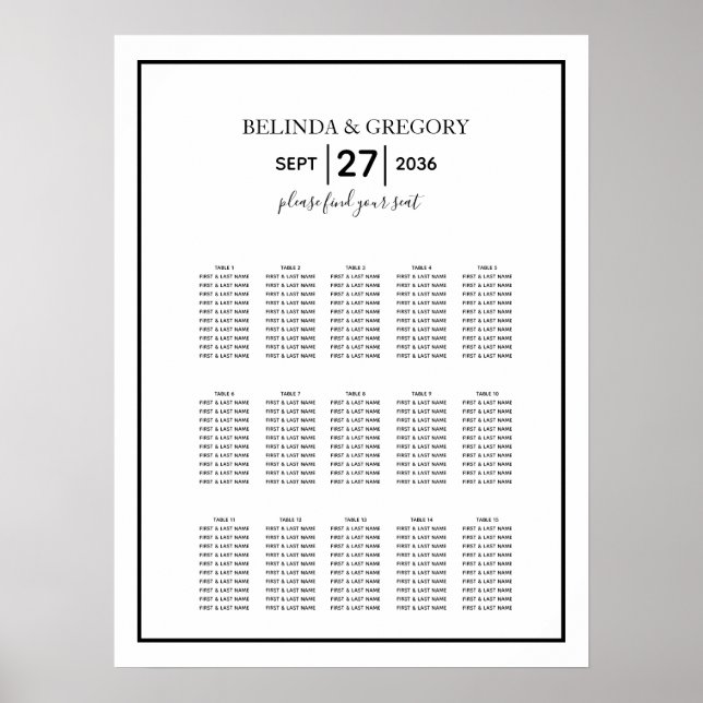 Minimalistische Schwarz-weiße Hochzeitstabelle Poster (Vorne)