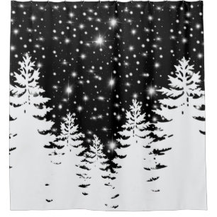 Minimalistische Schwarz-weiße Kiefernwälder Sterne Duschvorhang