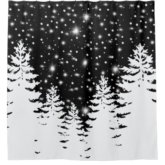 Minimalistische Schwarz-weiße Kiefernwälder Sterne Duschvorhang (Vorderseite)