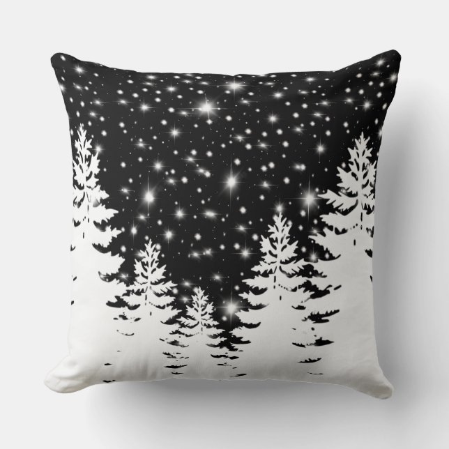 Minimalistische Schwarz-weiße Kiefernwälder Sterne Kissen (Vorderseite)