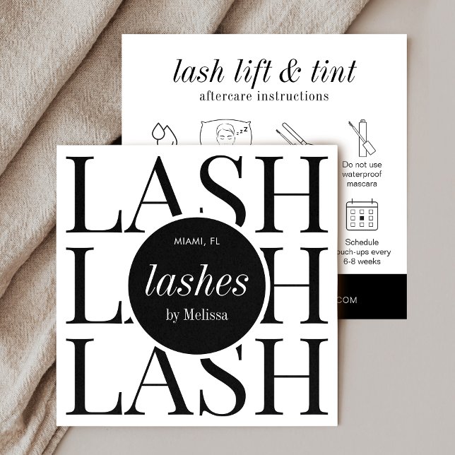Minimalistische Schwarz-weiße Lash Lift & Tint Afc Quadratische Visitenkarte (Lash lift and tint aftercare cards in minimalist black and white design with aftercare icons)