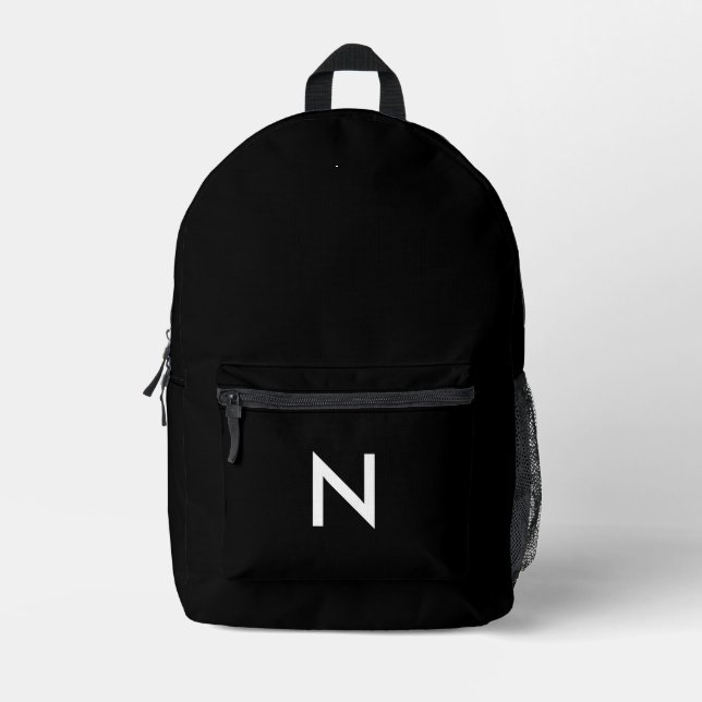 Minimalistische Schwarz-weiße Moderne Mit Monogram Bedruckter Rucksack (Vorderseite)