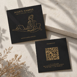 Minimalistische schwarze Frau mit Goldlinien Kunst Quadratische Visitenkarte