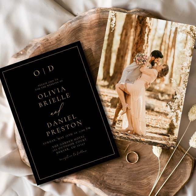 Minimalistische Schwarze Gold-Foto-Hochzeit Einladung (Von Creator hochgeladen)