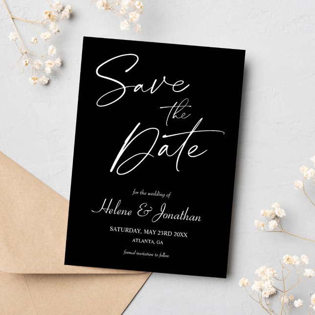 Minimalistische Schwarze Hochzeit Save The Date (Minimalist Calligraphy Black Wedding Save The Date)