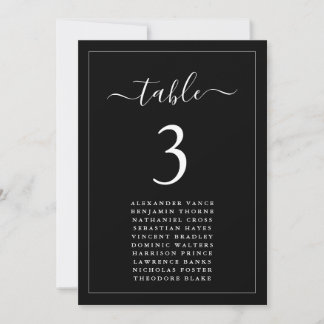 Minimalistische schwarze Hochzeit Sitzplan Tischka Einladung