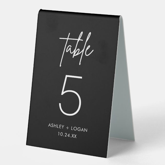 Minimalistische Schwarze Hochzeit-Tischnummern Tischaufsteller (Vorderseite)