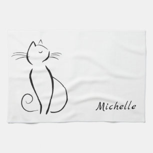Minimalistische schwarze Katze auf weißem Hintergr Geschirrtuch